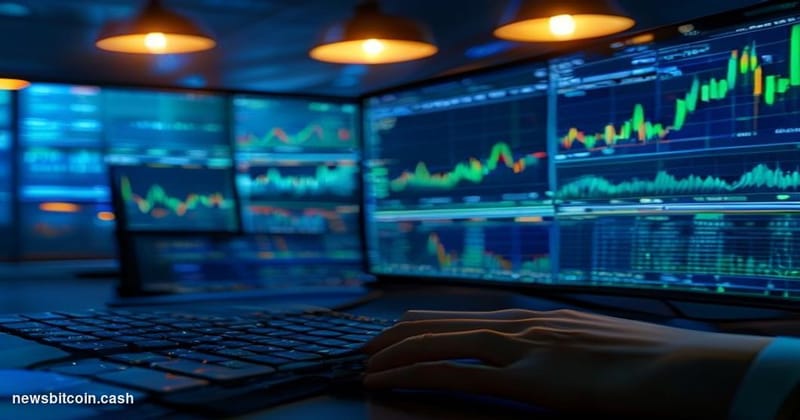 A cinematic photorealistic editorial photograph of a trading floor environment bathed in cool blue and amber light, with larg