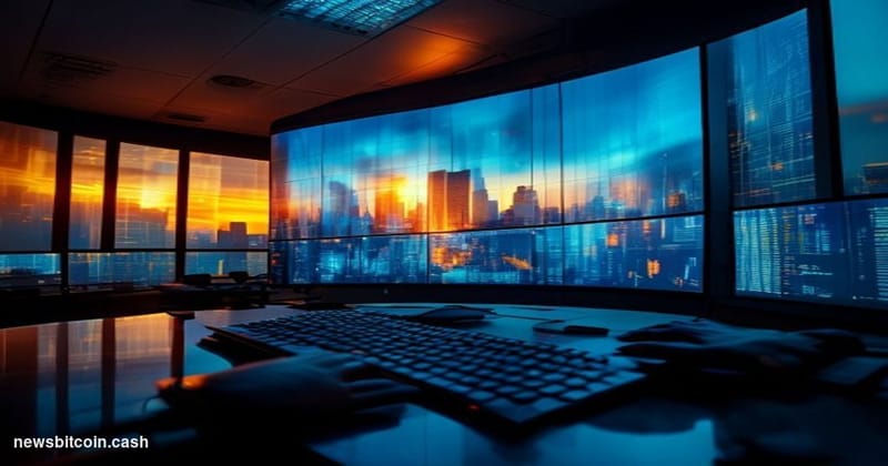 Cinematic photorealistic editorial photograph of a glowing Ethereum diamond logo displayed on a large curved trading floor sc