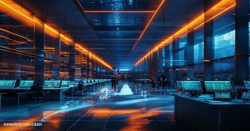 A cinematic photorealistic editorial photograph set in the interior of a major financial trading floor, likely resembling the
