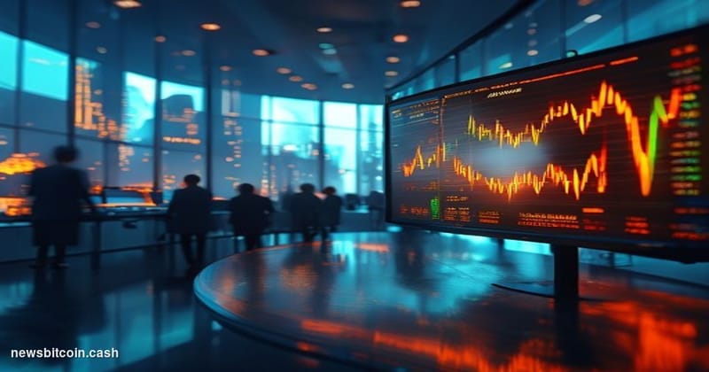 Cinematic photorealistic editorial photograph of a sleek trading floor environment bathed in cool blue and amber light, with 