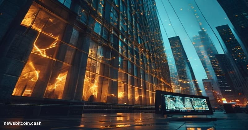 Cinematic photorealistic editorial photograph shot at a low angle looking up at the glass facade of a major Wall Street finan