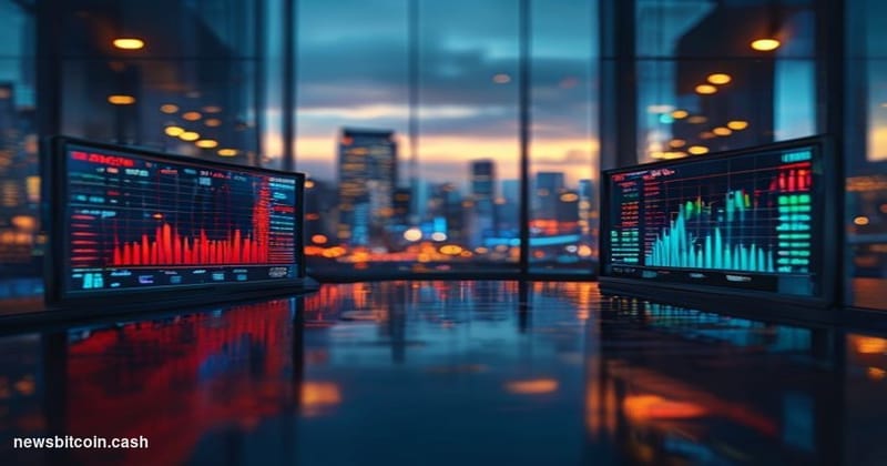 Cinematic photorealistic editorial photograph of a split-composition trading floor scene, shot from a low angle with dramatic