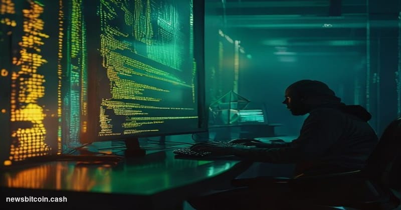 A cinematic photorealistic editorial photograph of a dimly lit server room bathed in cool blue-green ambient light, with a si