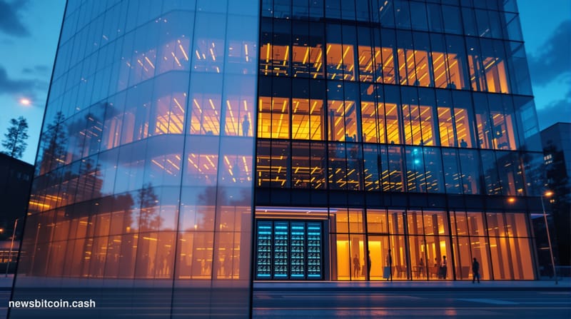 A cinematic photorealistic editorial photograph of a large modernist glass-and-steel financial institution headquarters at du
