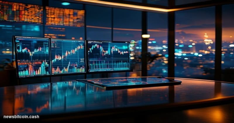 A cinematic photorealistic editorial photograph set inside a sleek, dimly lit financial trading environment that blends tradi