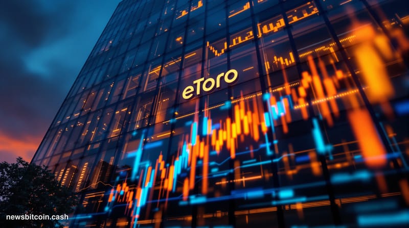 Cinematic photorealistic editorial photograph shot at a low angle looking up at eToro's Tel Aviv corporate headquarters build