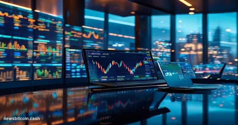 Cinematic photorealistic editorial photograph of a sleek, modern financial trading floor bathed in deep blue and amber light,