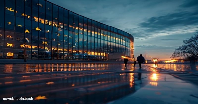 Cinematic photorealistic editorial photograph of the European Parliament building in Brussels/Strasbourg at dusk, its curved 