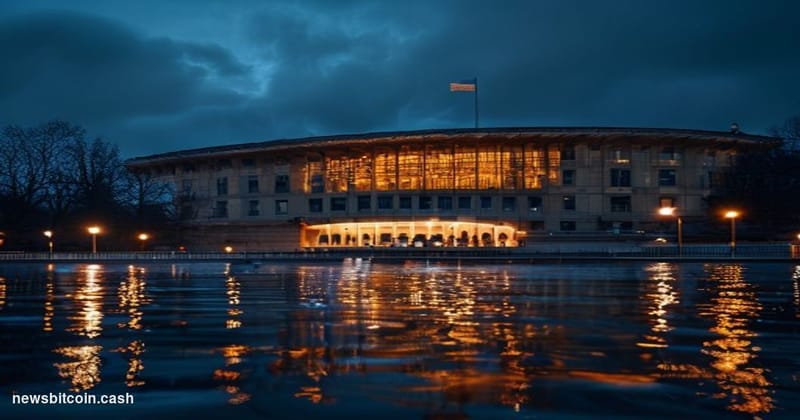 Cinematic photorealistic editorial photograph of the European Parliament building in Strasbourg, France, shot at dusk from a 