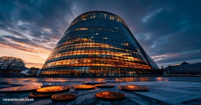 Cinematic photorealistic editorial photograph of the European Central Bank's distinctive curved glass headquarters in Frankfu