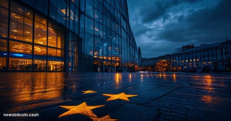 Cinematic photorealistic editorial photograph of the European Parliament building in Brussels, Belgium, captured at dusk with