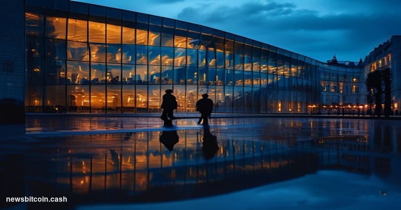 Cinematic photorealistic editorial photograph of the European Parliament building in Strasbourg, France, shot at dusk from a 