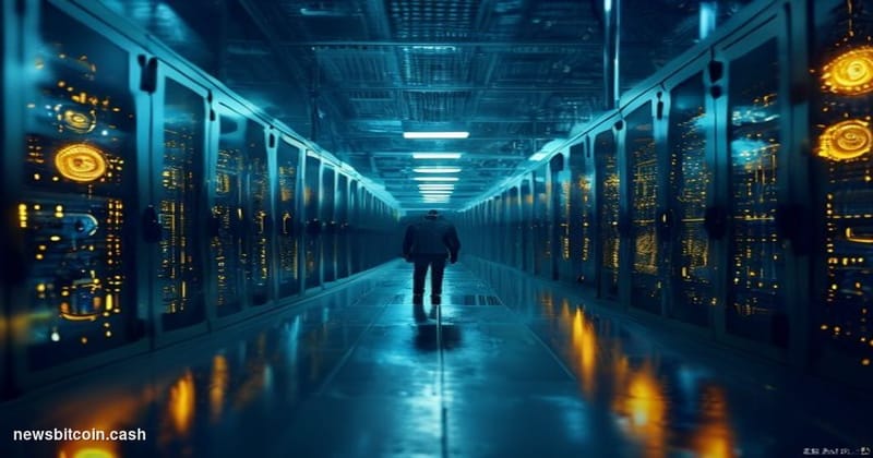 Cinematic photorealistic editorial photograph set inside a dimly lit, high-security data center corridor, shot from a low ang