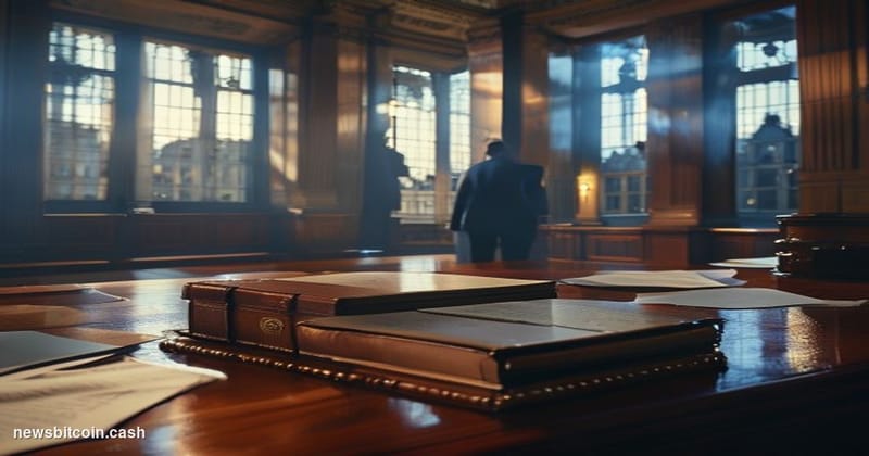 A cinematic photorealistic editorial photograph set inside a formal British banking institution, dramatic side-lighting from 