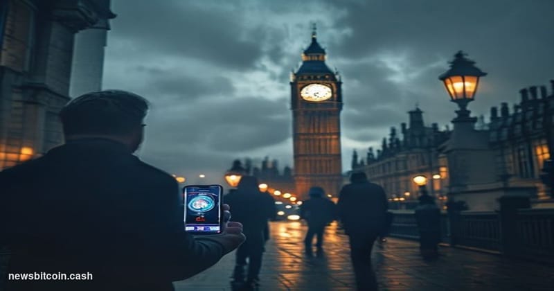 Cinematic photorealistic editorial photograph set outside the Houses of Parliament in Westminster, London, with the iconic El