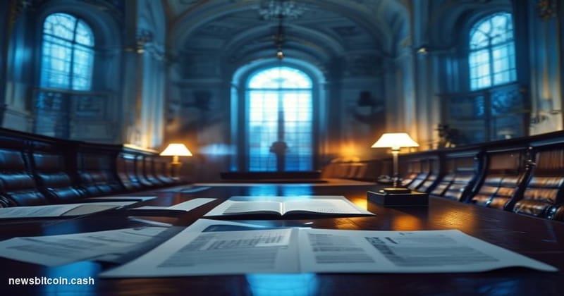 A cinematic photorealistic editorial photograph set inside a high-ceilinged international regulatory chamber, modeled on the 