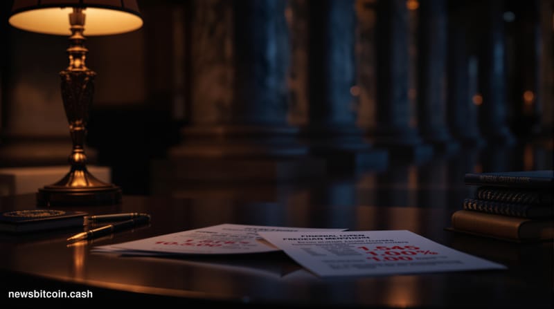 A cinematic photorealistic editorial photograph set inside a dimly lit federal government corridor in Washington D.C., with n