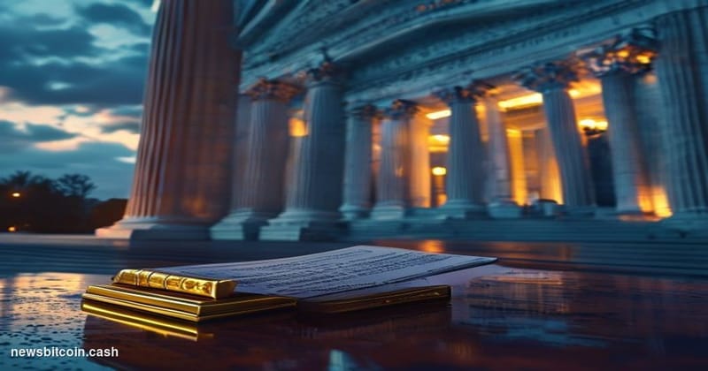 Cinematic photorealistic editorial photograph of the Federal Reserve Building in Washington D.C. at dusk, its neoclassical li