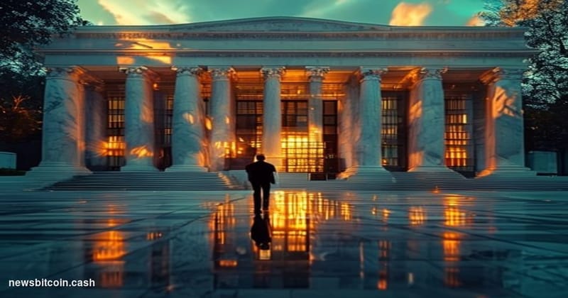Cinematic photorealistic editorial photograph of the Marriner S. Eccles Federal Reserve Building in Washington D.C., its neoc