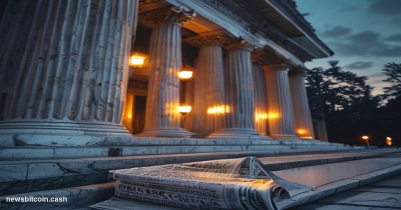 Cinematic photorealistic editorial photograph of the Federal Reserve building in Washington D.C. — the iconic Eccles Building
