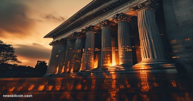 Cinematic photorealistic editorial photograph of the Federal Reserve's Eccles Building in Washington D.C. at dusk, shot from 