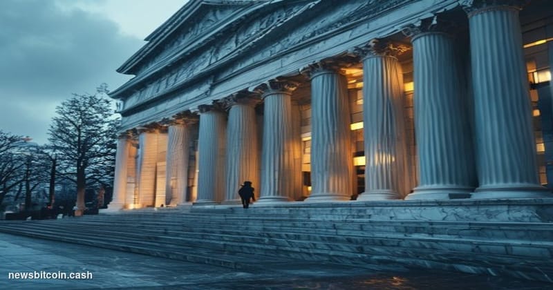 Cinematic photorealistic editorial photograph of the Federal Reserve's Marriner S. Eccles Building in Washington D.C., its ne