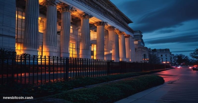 Cinematic photorealistic editorial photograph of the Federal Reserve's Eccles Building in Washington D.C., shot from a low an