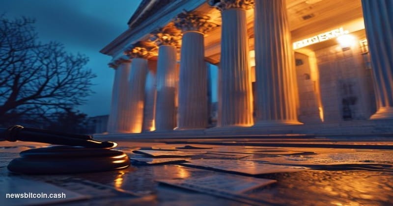Cinematic photorealistic editorial photograph of the Federal Reserve headquarters in Washington D.C. — the Eccles Building's 