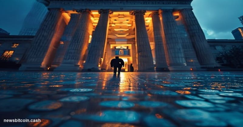 Cinematic photorealistic editorial photograph of the Federal Reserve Building in Washington D.C. shot from a low angle at dus