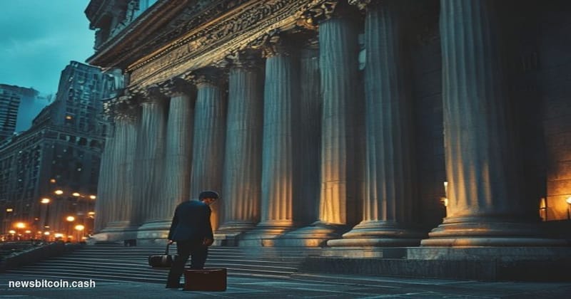 Cinematic photorealistic editorial photograph of the New York Stock Exchange building facade on Wall Street, shot at dusk wit