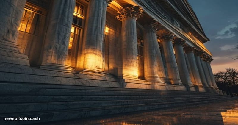 Cinematic photorealistic editorial photograph of the Marriner S. Eccles Federal Reserve Board Building in Washington D.C., sh