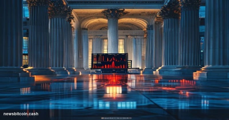 Cinematic photorealistic editorial photograph of the Federal Reserve's Washington D.C. Eccles Building at dusk, its neoclassi