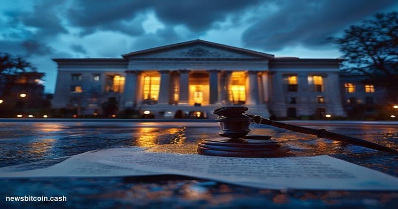 Cinematic photorealistic editorial photograph of the United States District Court building in Minneapolis, Minnesota, shot fr