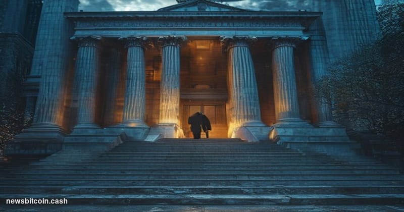 Cinematic photorealistic editorial photograph of a grand federal courthouse exterior in Lower Manhattan, shot from a low angl