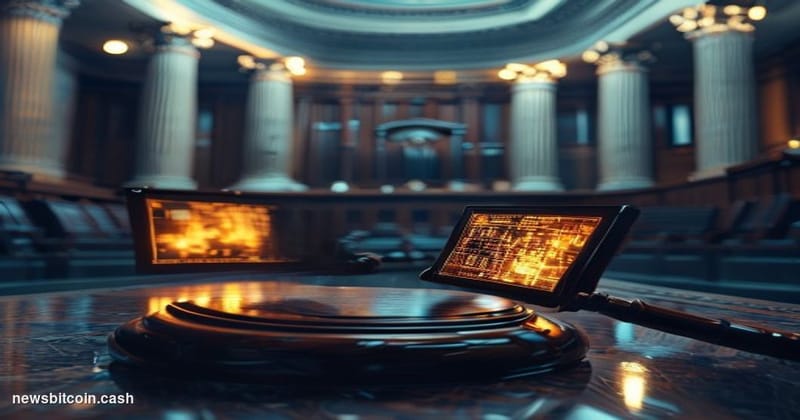 A cinematic photorealistic editorial photograph set inside a federal courthouse in Minnesota, with the interior's marble colu