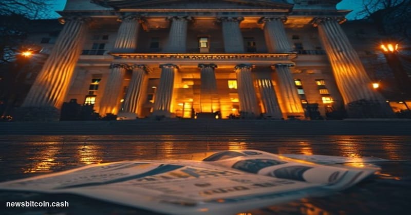 Cinematic photorealistic editorial photograph of the Federal Reserve Building in Washington D.C., shot from a low angle at du