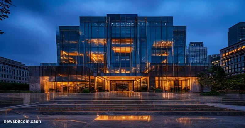 Cinematic photorealistic editorial photograph of Fidelity Investments' Boston headquarters building exterior at dusk, the ico