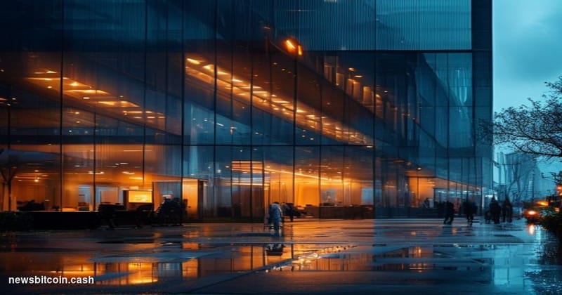 Cinematic photorealistic editorial photograph of a Fifth Third Bank branch exterior in Cincinnati, Ohio, at dusk with warm am