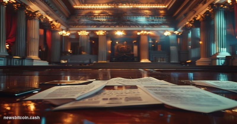 Cinematic photorealistic editorial photograph of the United States Senate chamber interior, captured from a low angle looking
