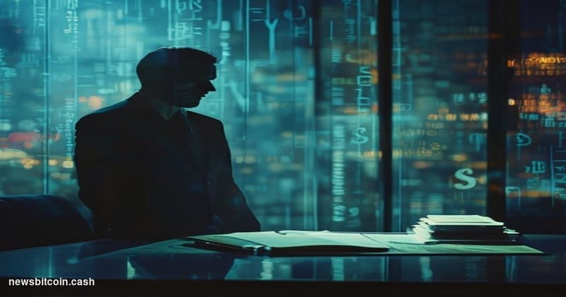 Cinematic photorealistic editorial photograph of a shadowy figure in a tailored dark suit standing before a frosted glass wal