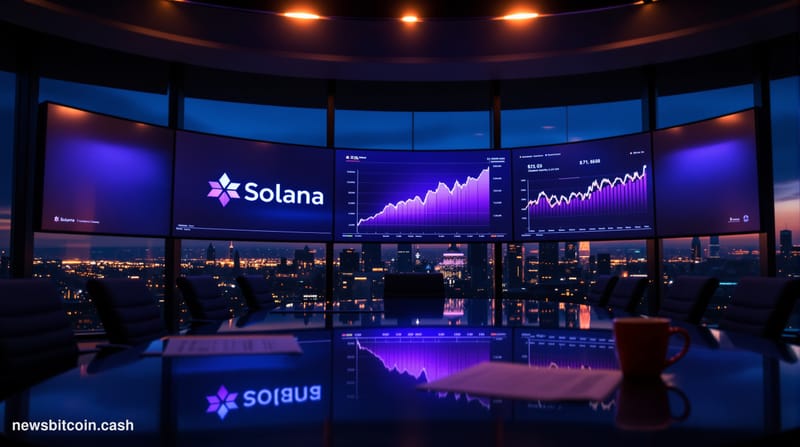 Cinematic photorealistic editorial photograph of a corporate treasury operations room bathed in deep blue and amber lighting,