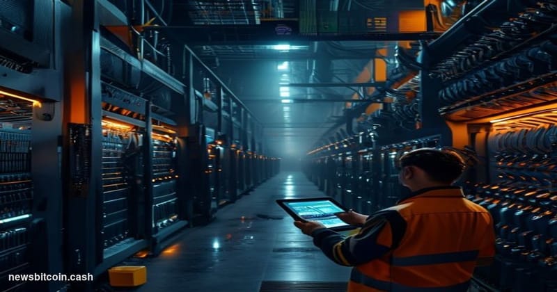 Cinematic photorealistic editorial photograph of an industrial-scale Bitcoin mining facility interior, shot from a low angle 