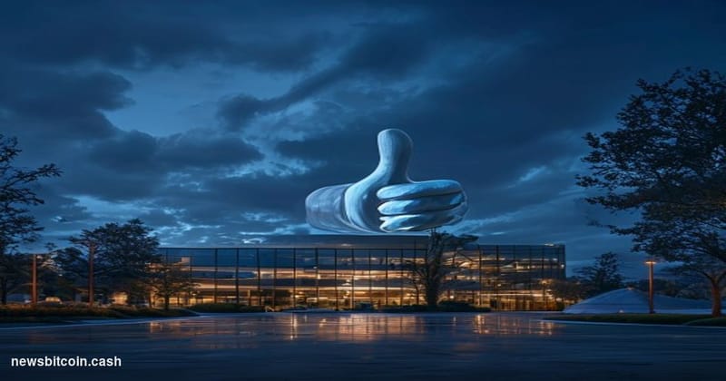 Cinematic photorealistic editorial photograph of Meta's Menlo Park, California headquarters campus exterior at dusk, the icon