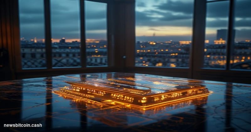Cinematic photorealistic editorial photograph of the Élysée Palace in Paris at dusk, shot from a low angle with the French tr
