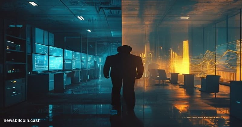 Cinematic photorealistic editorial photograph of a dramatic split-scene composition: on the left side, a dimly lit server roo