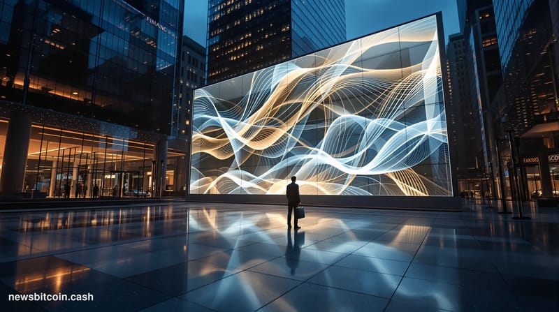 Cinematic photorealistic editorial photograph of a gleaming Wall Street financial district intersection at dusk, with a large