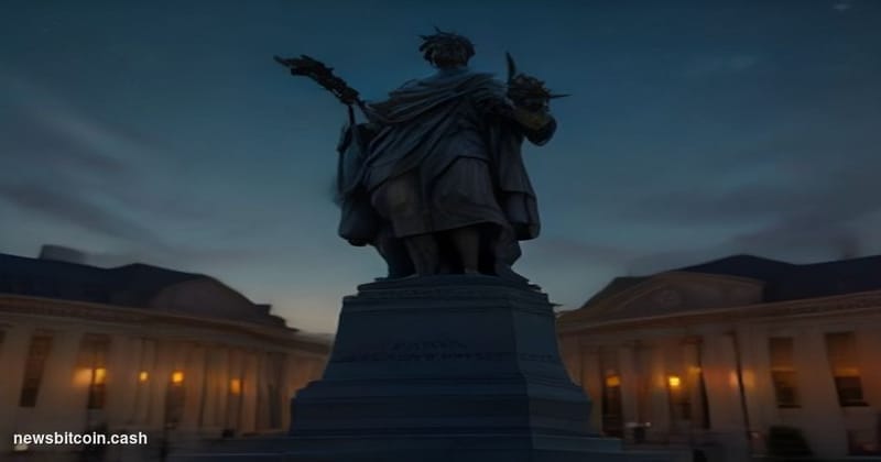 A cinematic photorealistic editorial photograph shot from a low angle looking up at the exterior of a federal courthouse in W