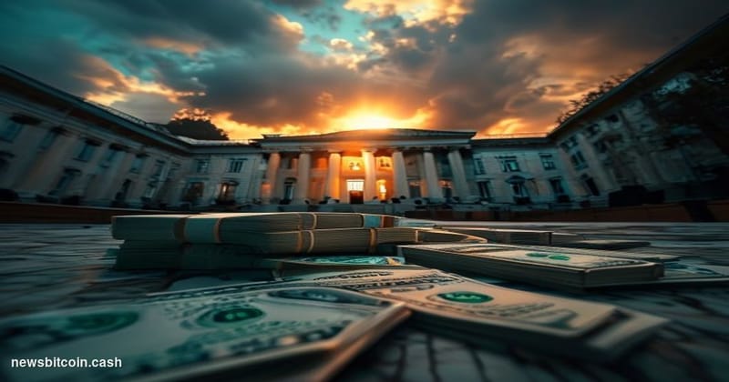 A cinematic photorealistic editorial photograph shot at low angle looking up at a crumbling but still-standing courthouse or 