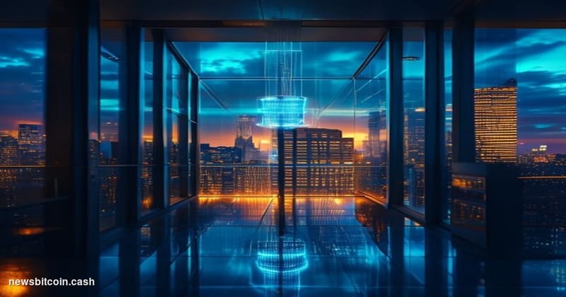 Cinematic photorealistic editorial photograph of a sleek Manhattan financial district office tower at dusk, identifiable as a