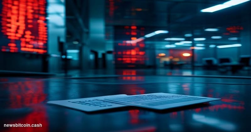 A dramatic cinematic editorial photograph of a large cryptocurrency exchange trading floor interior, bathed in cold blue-whit